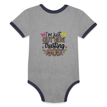 I'm Just Out Here Christian Organic Contrast Short Sleeve Baby Onesie - heather gray/navy