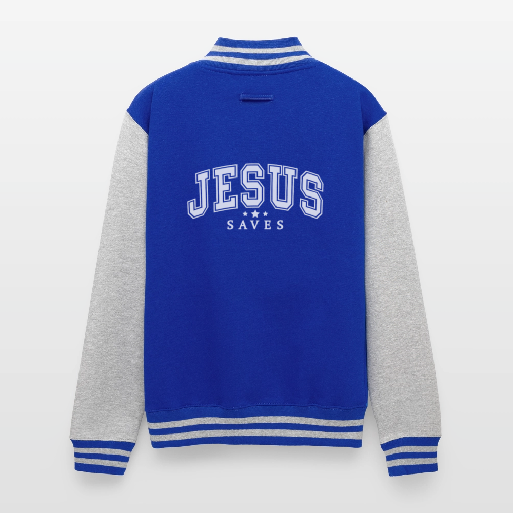 He Saves Men's Christian Heavyweight Letterman Jacket - royal/heather grey