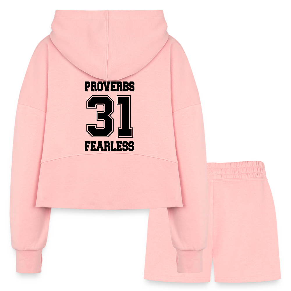 Proverbs 31 Women’s Christian Cropped Hoodie & Jogger Short Set Outfit - light pink