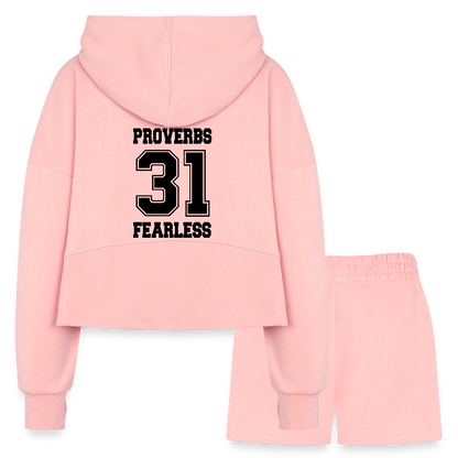 Proverbs 31 Women’s Christian Cropped Hoodie & Jogger Short Set Outfit - light pink