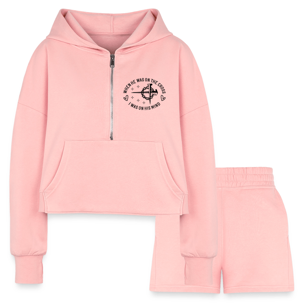 When He Was On The Cross Women's Christian Cropped Hoodie & Jogger Short Set - ClaimedbyGodDesigns