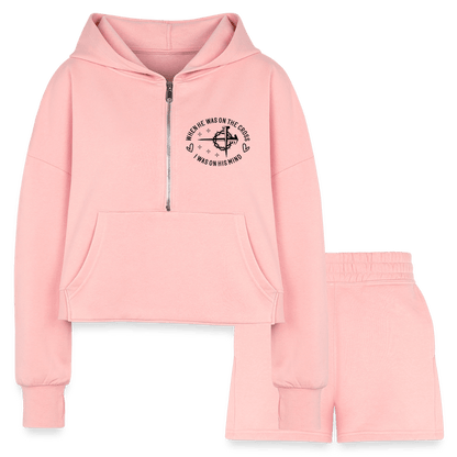 When He Was On The Cross Women's Christian Cropped Hoodie & Jogger Short Set - ClaimedbyGodDesigns