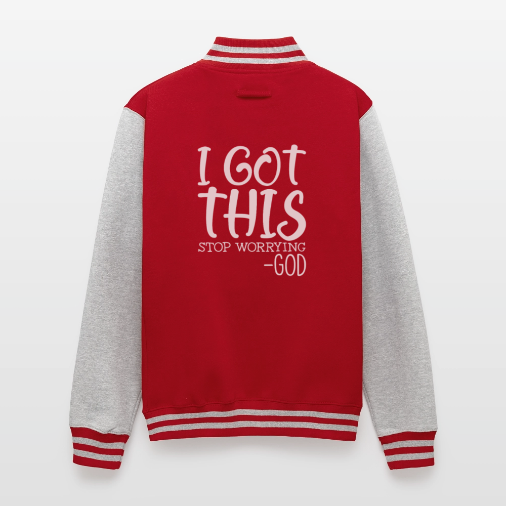 Stop Worrying Men's Christian Heavyweight Letterman Jacket - red/heather grey