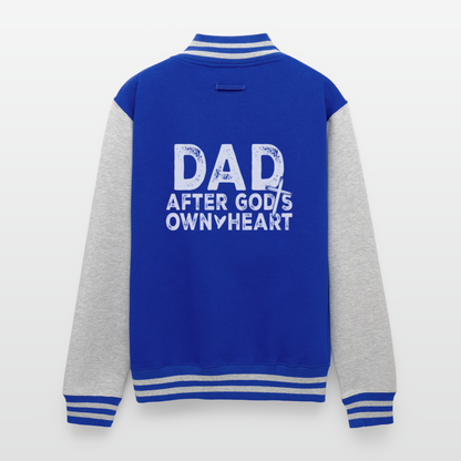 Dad After His Own Heart Men's Christian Heavyweight Letterman Jacket - royal/heather grey