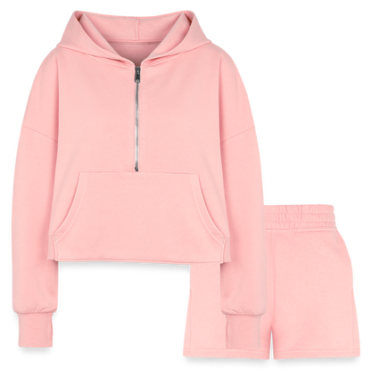 Proverbs 31 Women’s Christian Cropped Hoodie & Jogger Short Set Outfit - light pink