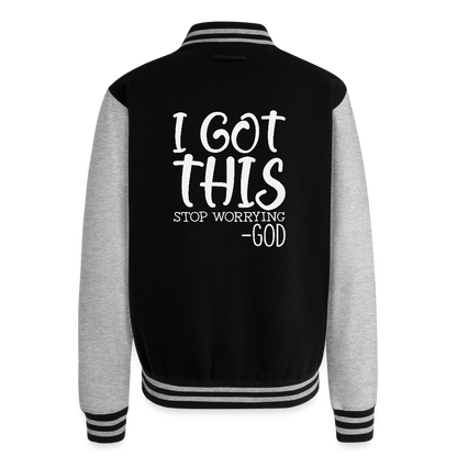 Stop Worrying Men's Christian Heavyweight Letterman Jacket - black/heather grey