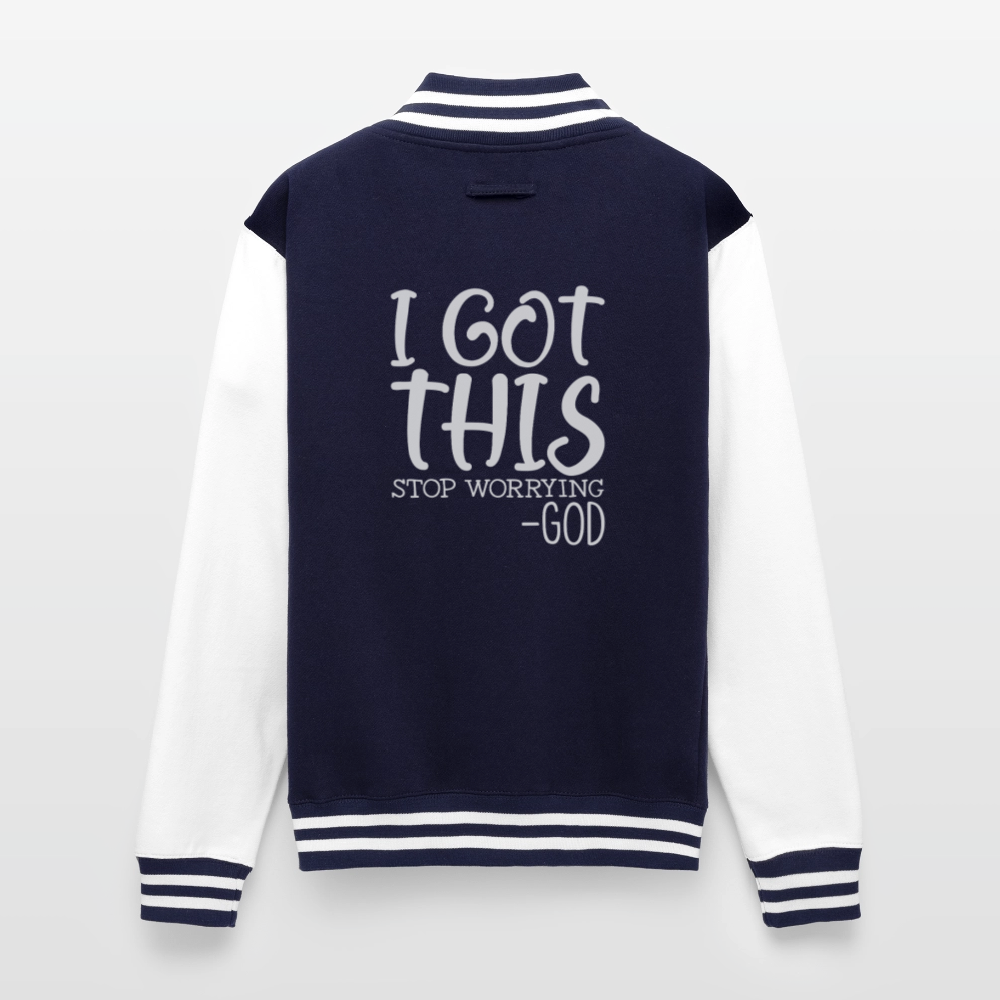 Stop Worrying Men's Christian Heavyweight Letterman Jacket - navy/white
