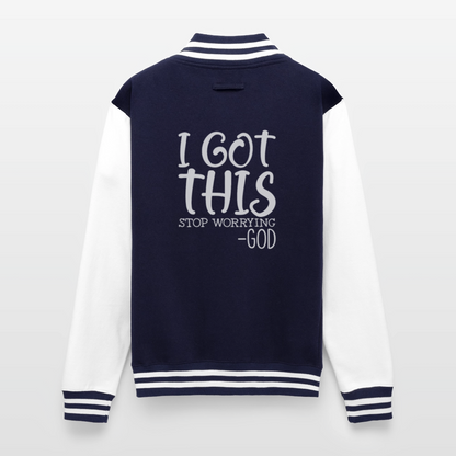 Stop Worrying Men's Christian Heavyweight Letterman Jacket - navy/white
