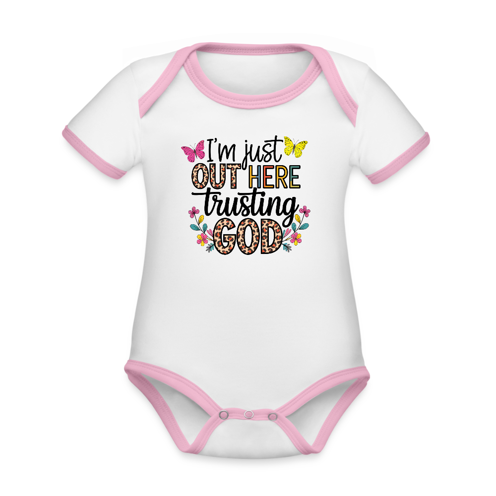 I'm Just Out Here Christian Organic Contrast Short Sleeve Baby Onesie - white/pink