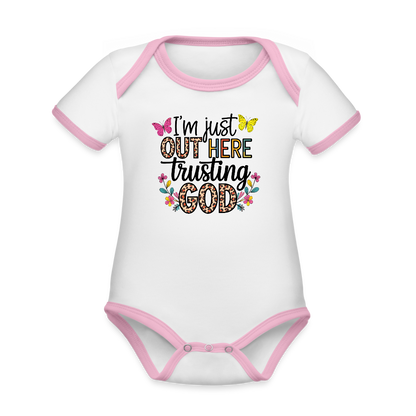 I'm Just Out Here Christian Organic Contrast Short Sleeve Baby Onesie - white/pink