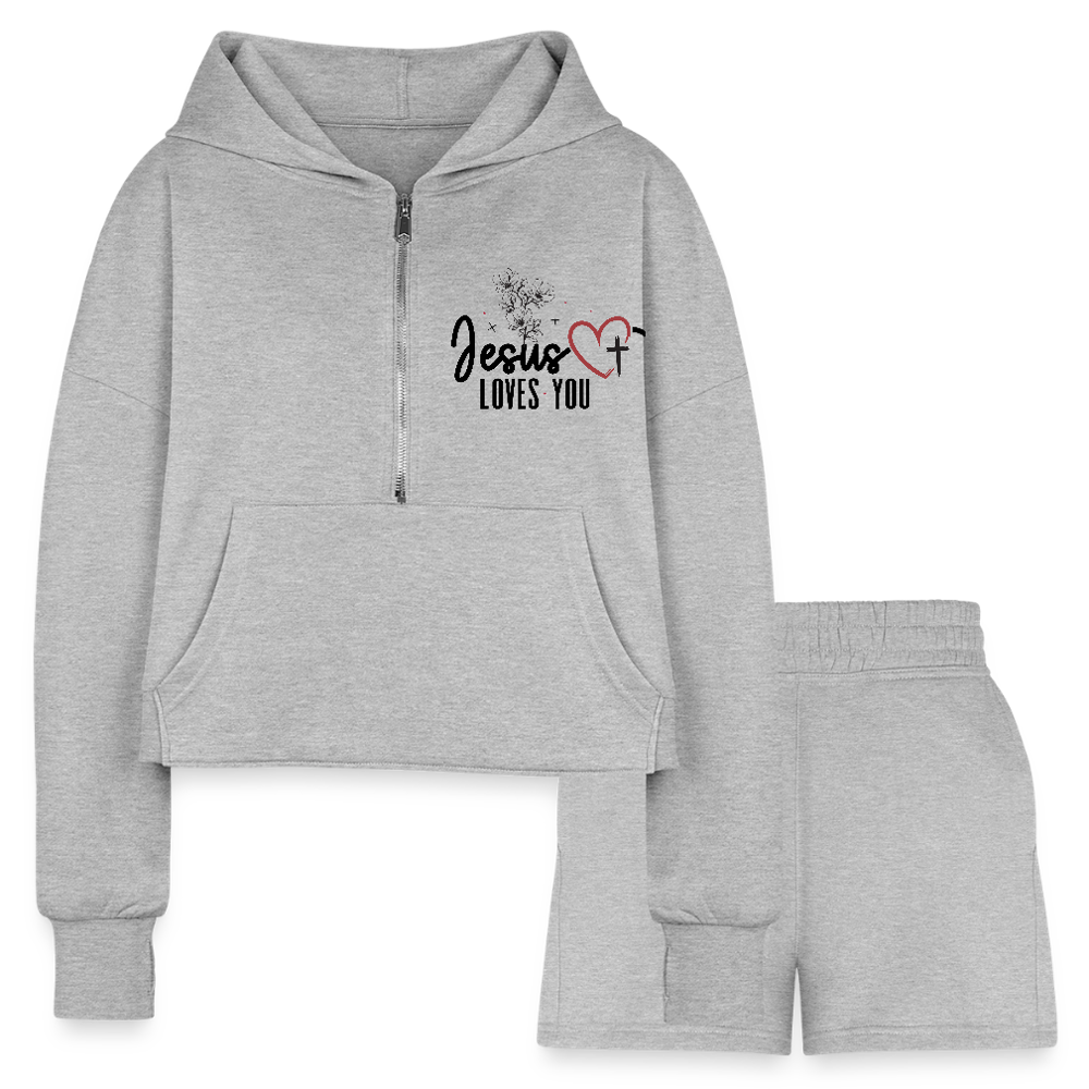 He Loves You Women’s Christian Cropped Hoodie & Jogger Short Set - heather gray