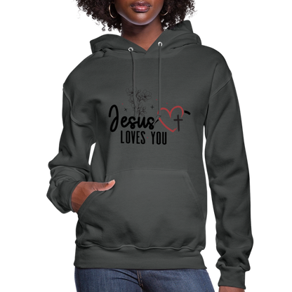 He Loves You Women's Christian Hooded Pullover Sweatshirt - asphalt