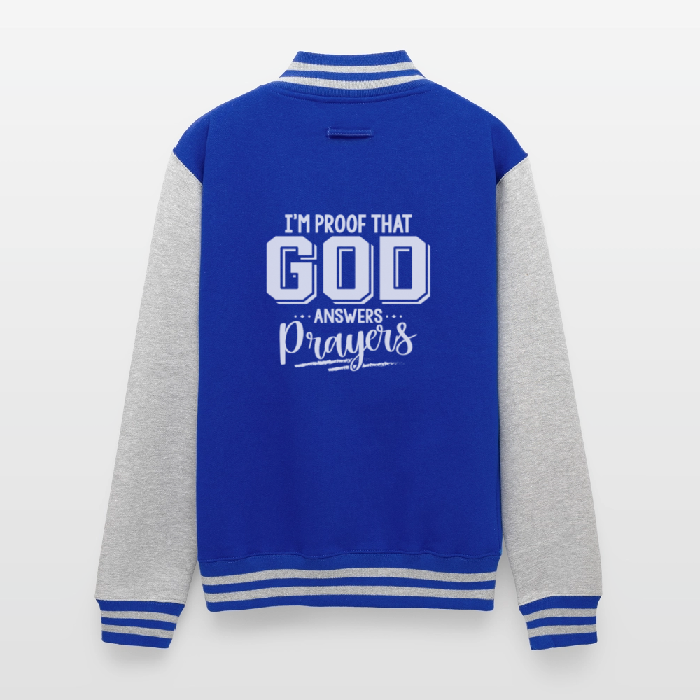 I'm Proof That He Answers Prayers Men's Christian Heavyweight Letterman Jacket - royal/heather grey