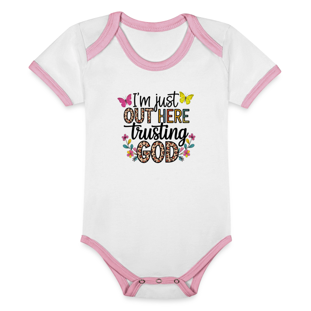 I'm Just Out Here Christian Organic Contrast Short Sleeve Baby Onesie - white/pink
