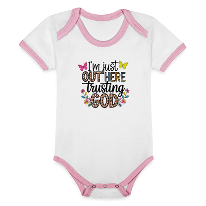 I'm Just Out Here Christian Organic Contrast Short Sleeve Baby Onesie - white/pink