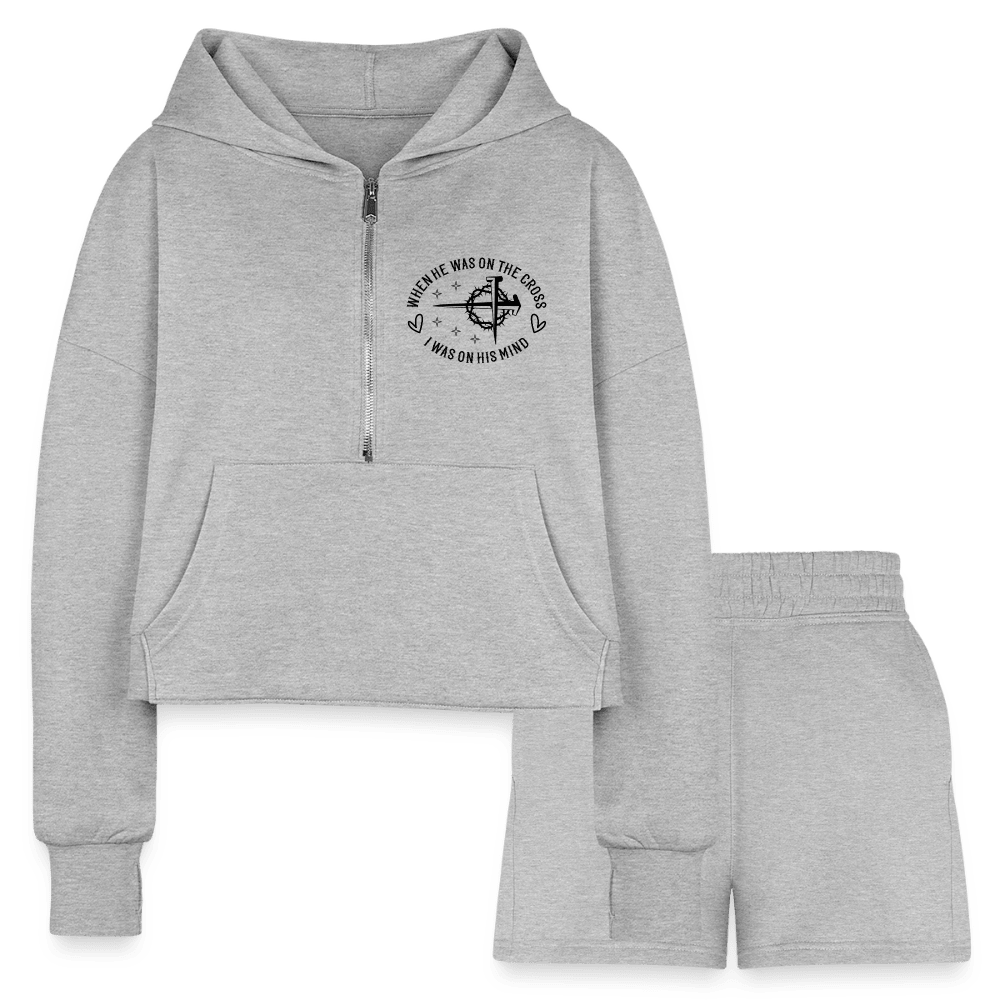 When He Was On The Cross Women's Christian Cropped Hoodie & Jogger Short Set - ClaimedbyGodDesigns