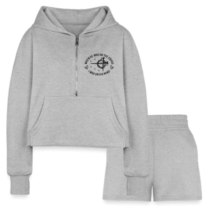 When He Was On The Cross Women's Christian Cropped Hoodie & Jogger Short Set - ClaimedbyGodDesigns