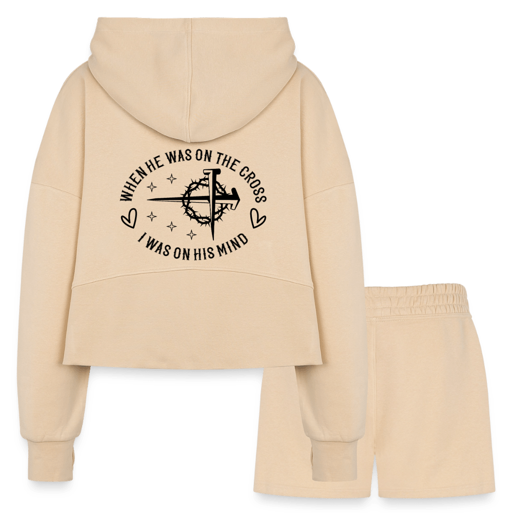 When He Was On The Cross Women's Christian Cropped Hoodie & Jogger Short Set - ClaimedbyGodDesigns