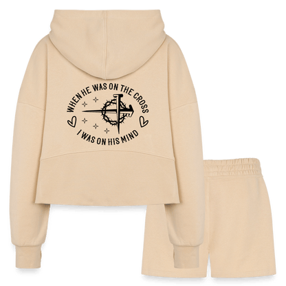 When He Was On The Cross Women's Christian Cropped Hoodie & Jogger Short Set - ClaimedbyGodDesigns