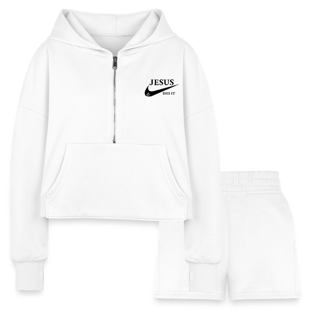 He Did It Women’s Christian Cropped Hoodie & Jogger Short Set Outfit - white