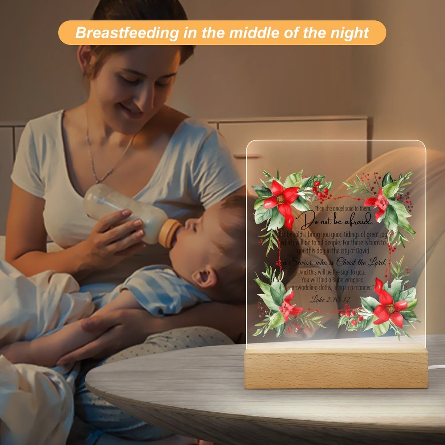 Luke 2:10-12 Do Not Be Afraid (Christmas Themed) Christian Acrylic Night Light with Wooden Base