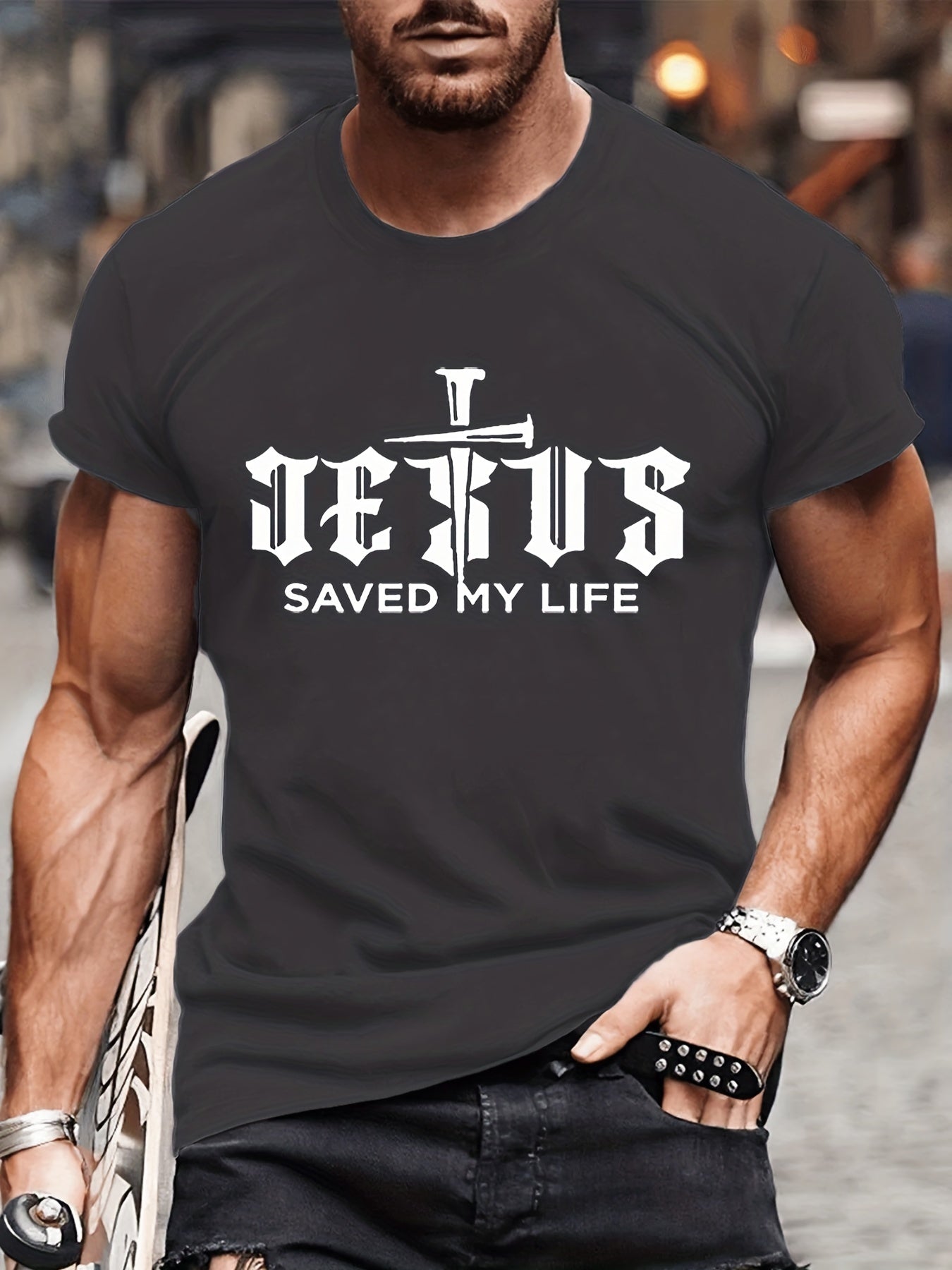 Jesus Saved My Life With The Cross Men's Christian T-shirt claimedbygoddesigns