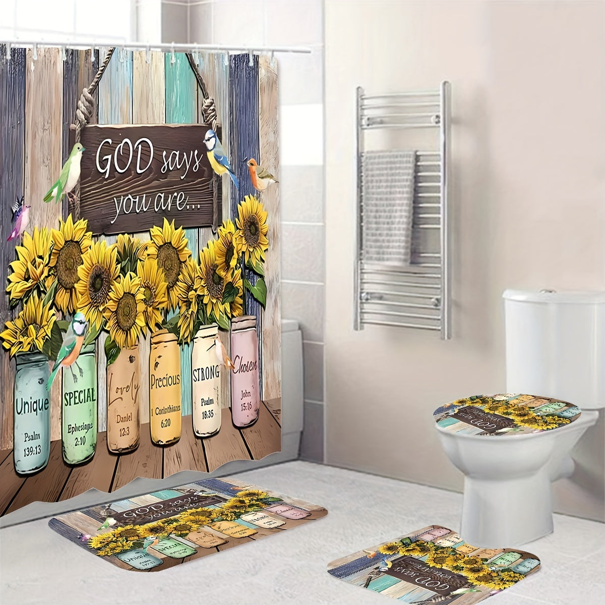 God Says You Are Christian Shower Curtain or set with 12 Hooks, Non-Slip Bathroom Rug, Toilet U-Shape Mat, and Toilet Lid Cover Pad claimedbygoddesigns