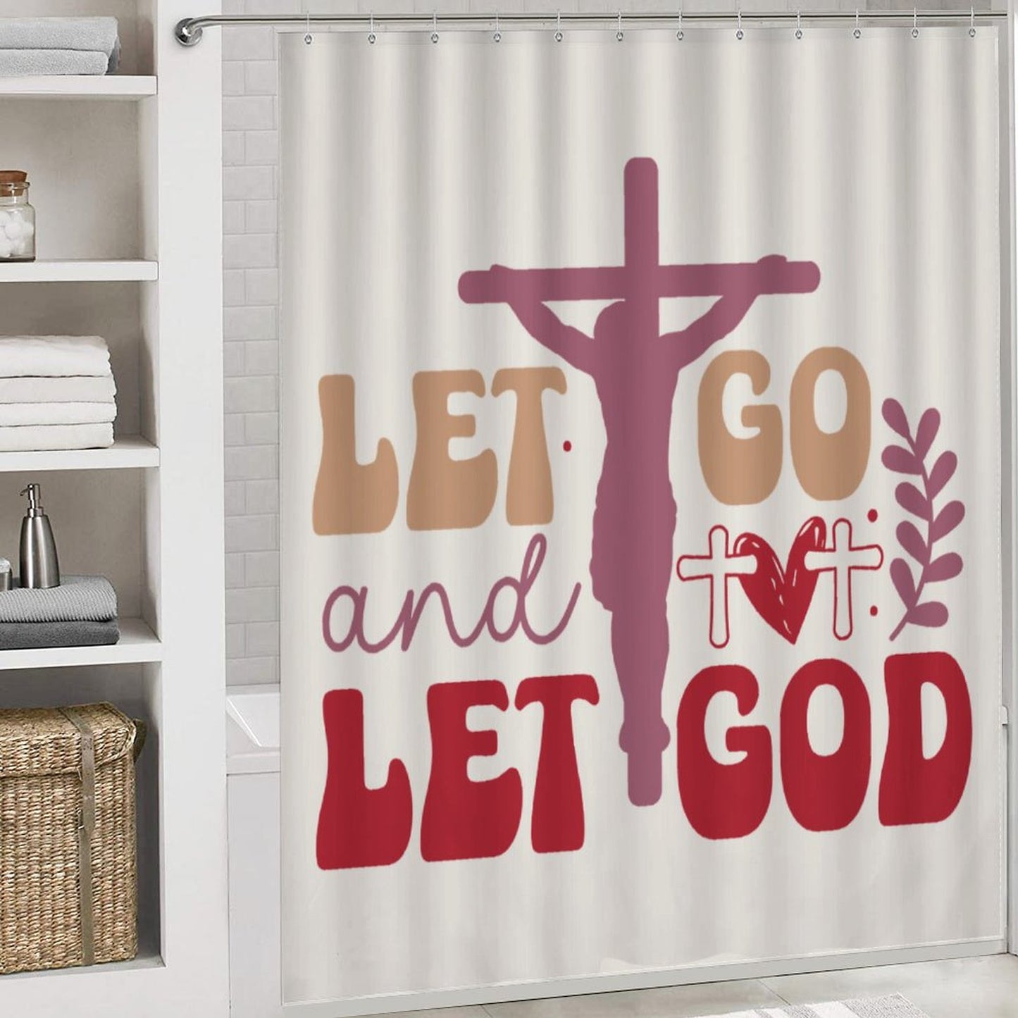 Let Go And Let God Christian Shower Curtain Set with a bath rug, a contour rug and a toilet lid cover.