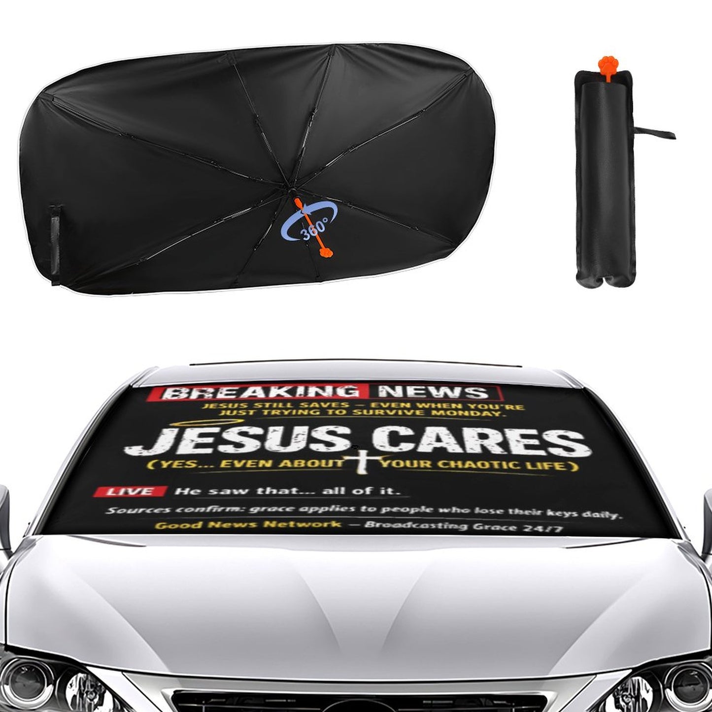 Breaking News: Jesus Cares Funny Christian Car Umbrella Sunshade