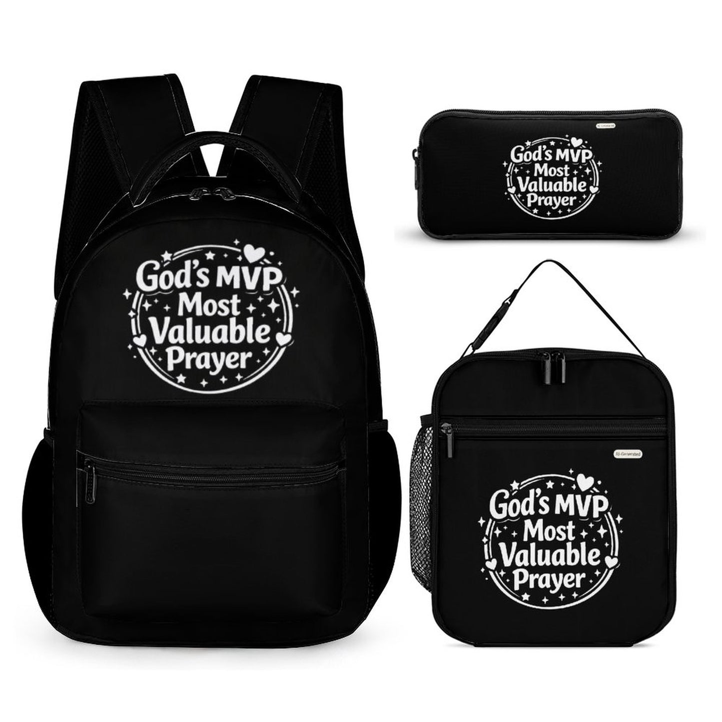 God's MVP Most Valuable Prayer Christian 3Pcs School Backpack Set for Kids (Backpack, Kid's Insulated Lunch Bag & Pencil Case Organizer)