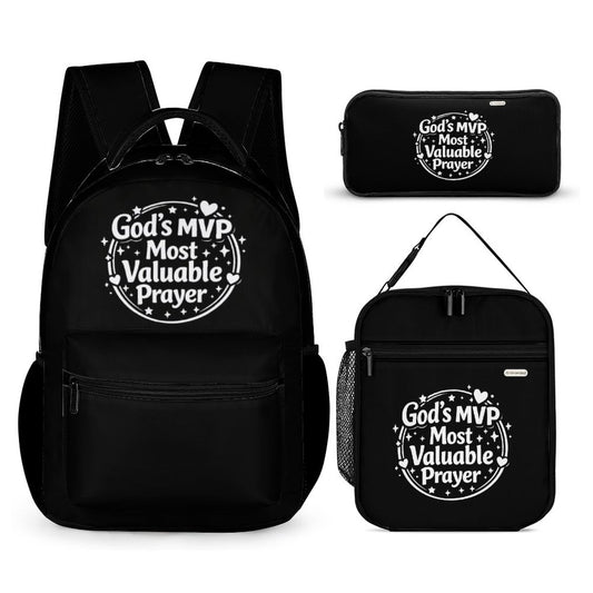 God's MVP Most Valuable Prayer Christian 3Pcs School Backpack Set for Kids (Backpack, Kid's Insulated Lunch Bag & Pencil Case Organizer)