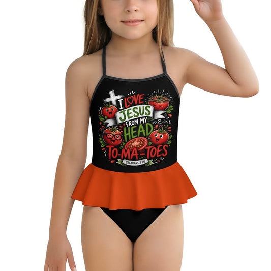 I Love Jesus From My Head To-Ma-Toes Kids One Piece Ruffle Strap Christian Swimsuit