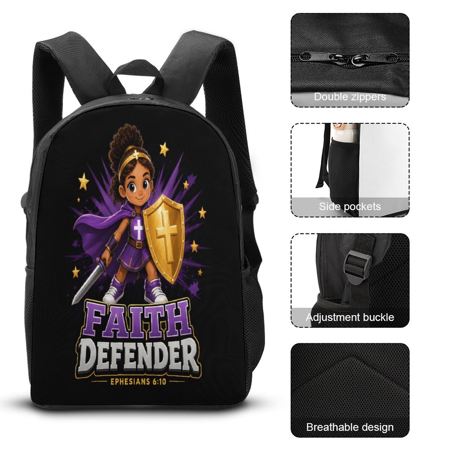 Faith Defender Girl Christian 3 PCS Bag Set (Backpack, Lunch Bag and Pencil Case)