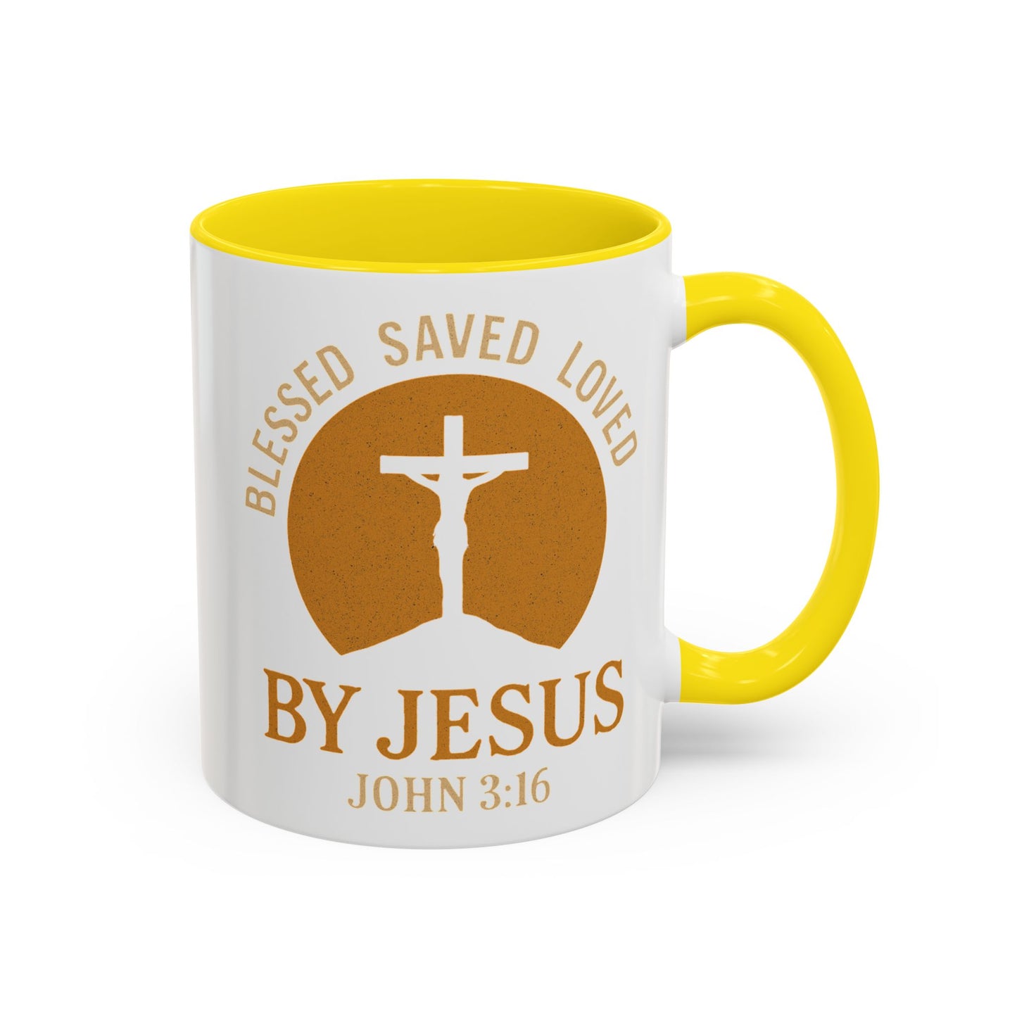 Inspirational Accent Coffee Mug - Blessed, Saved, Loved by Him | John 3:16