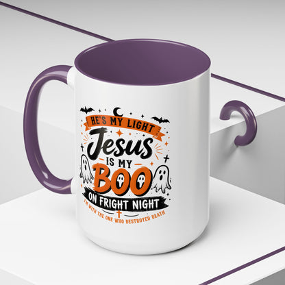Christian Coffee Mug — "He's My Light, Jesus Is My Boo" Halloween Accent Mug