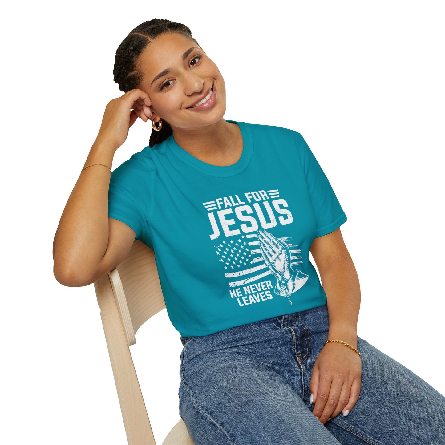 Fall For Jesus He Never Leaves American Patriotic Christian Unisex T-shirt