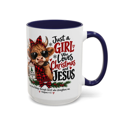 Just a Girl Who Loves Christmas and Jesus Highland Cow Coffee Mug