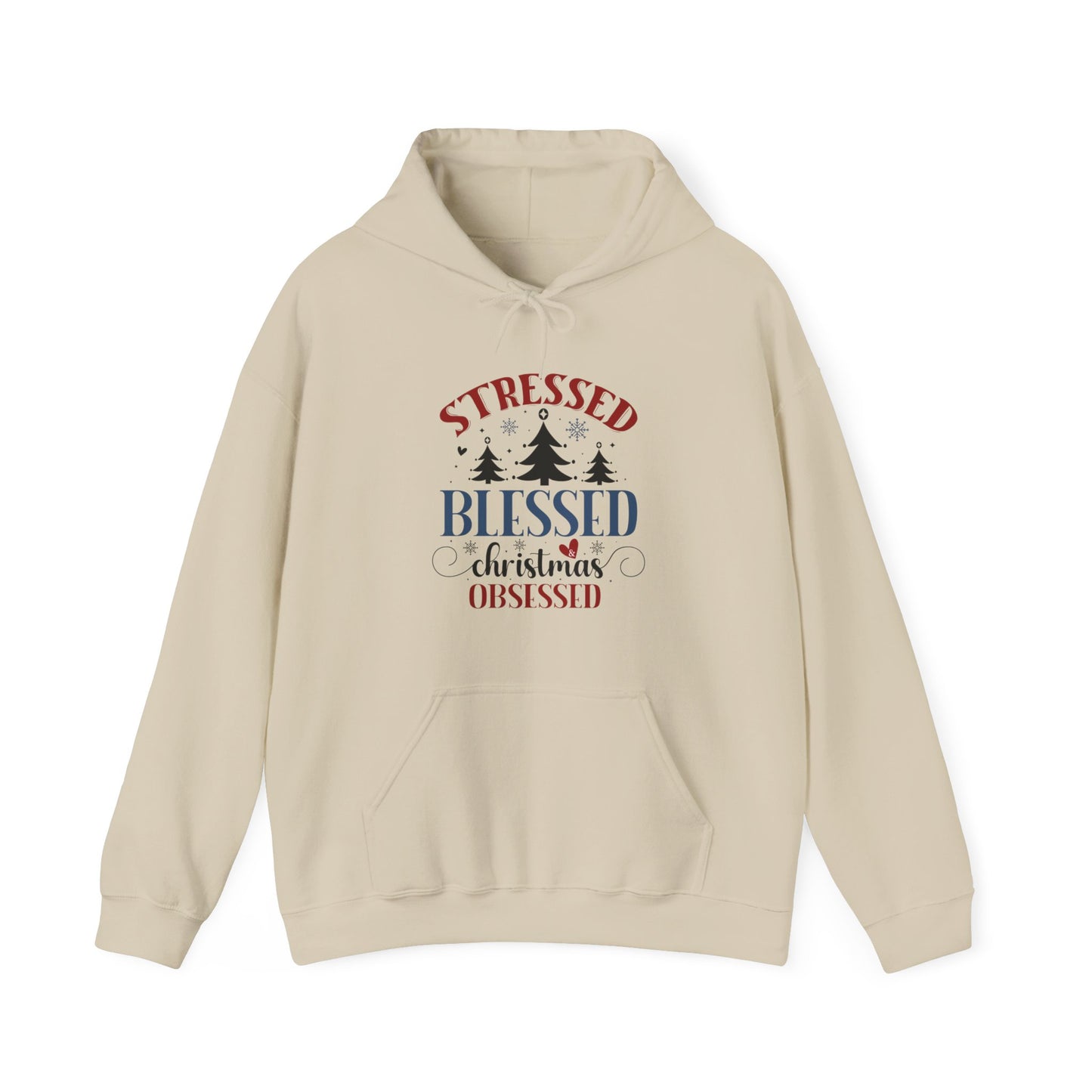 Stressed Blessed Christmas Obsessed Unisex Christian Hooded Pullover Sweatshirt