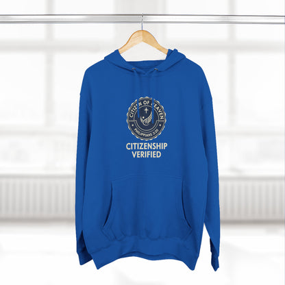 Citizenship Verified Fleece Hoodie, Cozy Sweatshirt for All Ages, Great Gift for Holidays, Casual Wear, Unique Statement Piece - ClaimedbyGodDesigns