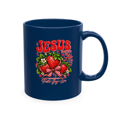 Ceramic Mug — "Jesus Sweetens My Life" Strawberry Faith Coffee Cup
