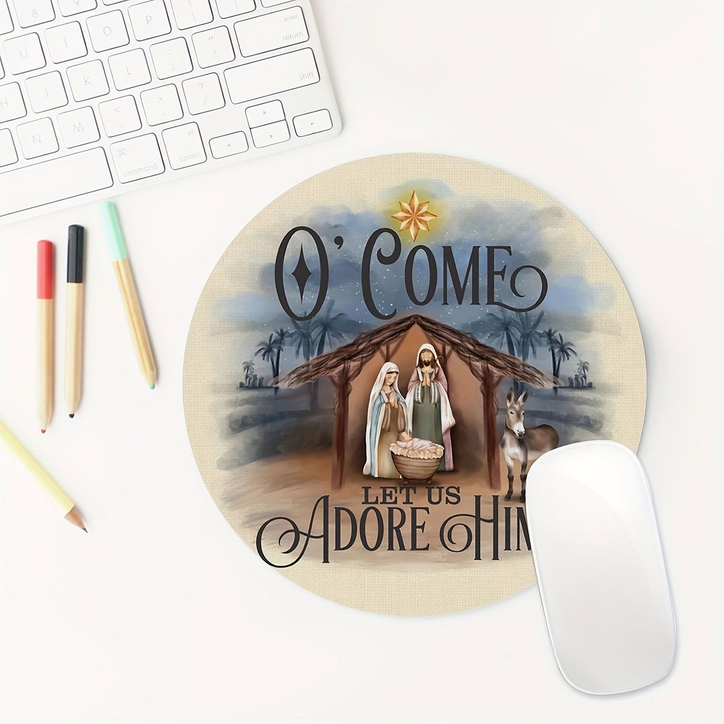 1pc O Come Let Us Adore Him Christian Computer Mouse Pad, 7.8*7.8*0.12inch/ 20*20*0.3cm - ClaimedbyGodDesigns