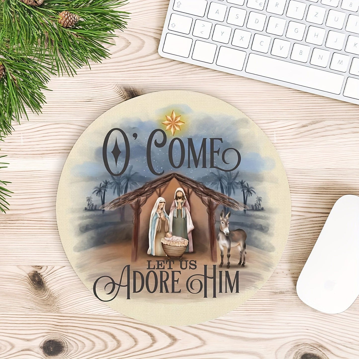 1pc O Come Let Us Adore Him Christian Computer Mouse Pad, 7.8*7.8*0.12inch/ 20*20*0.3cm - ClaimedbyGodDesigns