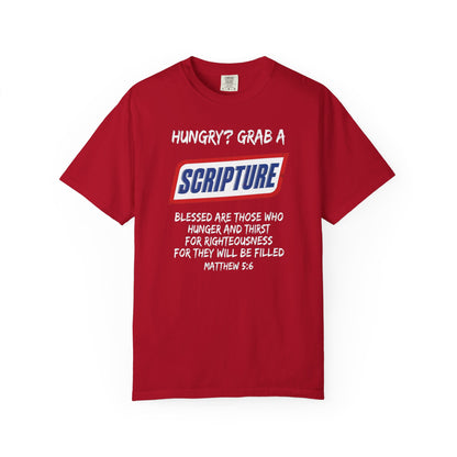 Scripture Snack T-Shirt — "Hungry? Grab a Scripture" Matthew 5:6 Christian Tee