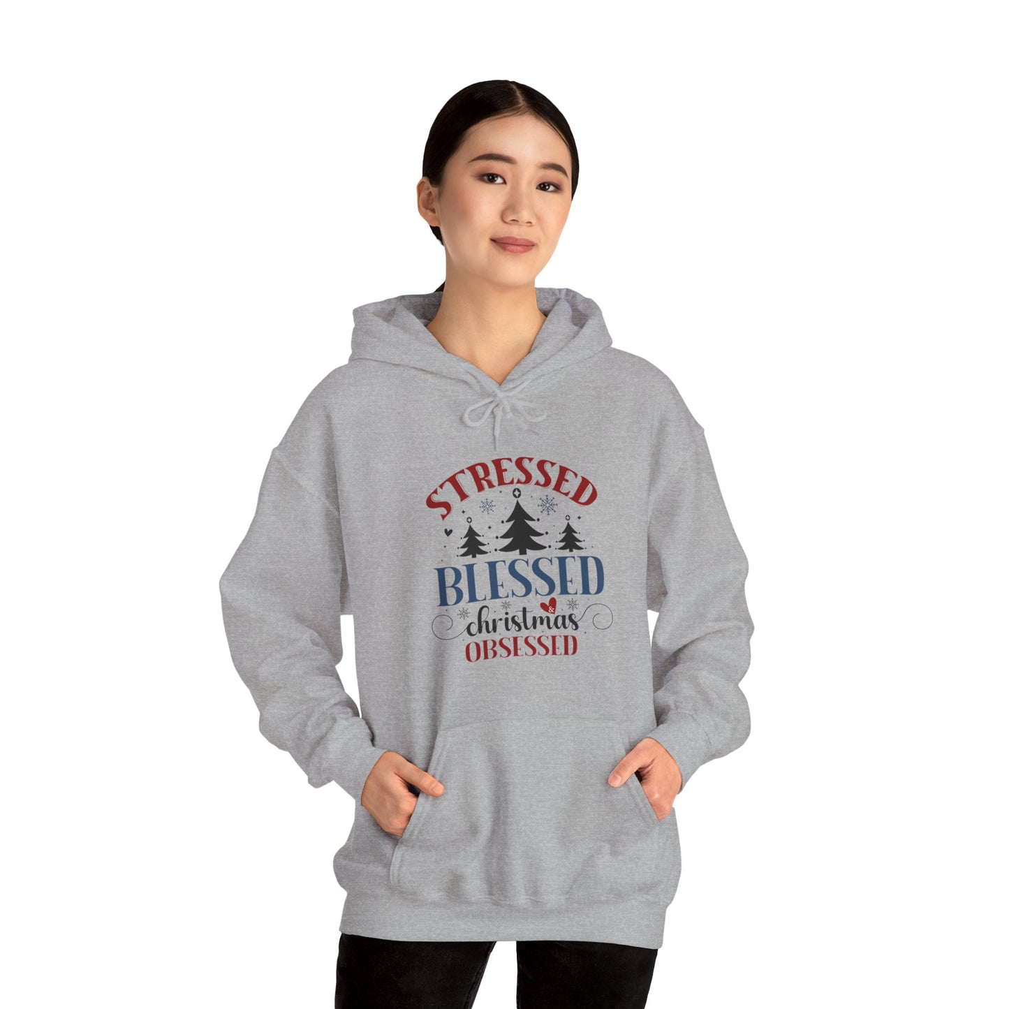 Stressed Blessed Christmas Obsessed Unisex Christian Hooded Pullover Sweatshirt