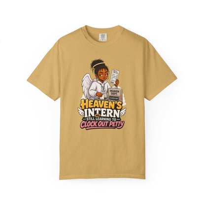 Heaven's Intern T-shirt – Funny Angel Nurse Tee ('Still Learning to Clock Out Petty')