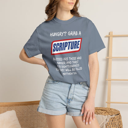 Scripture Snack T-Shirt — "Hungry? Grab a Scripture" Matthew 5:6 Christian Tee