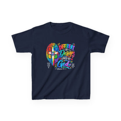 Youth Autism Awareness T-Shirt — "Different by Design, Loved by God" Colorful Cross Tee