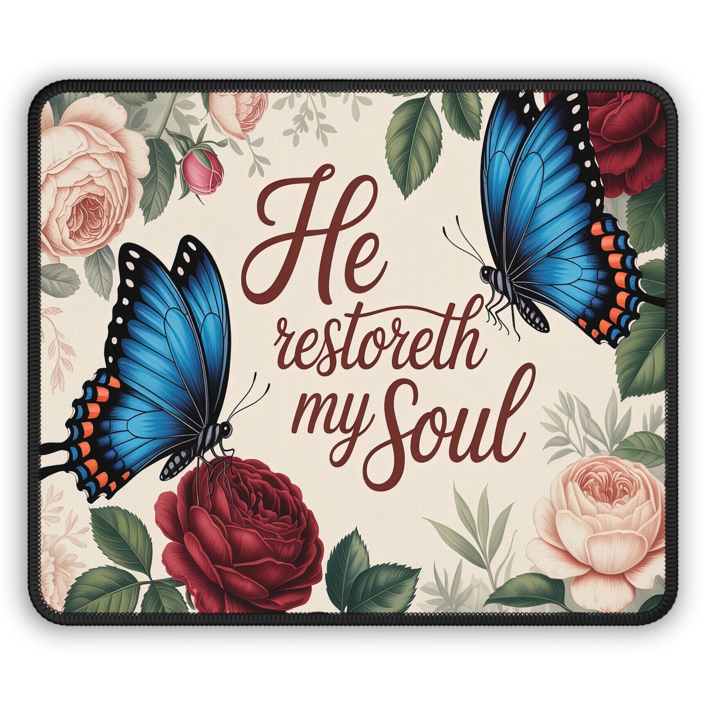 Inspirational Butterfly Gaming Mouse Pad – "He Restoreth My Soul" – Perfect for Gamers and Home Office