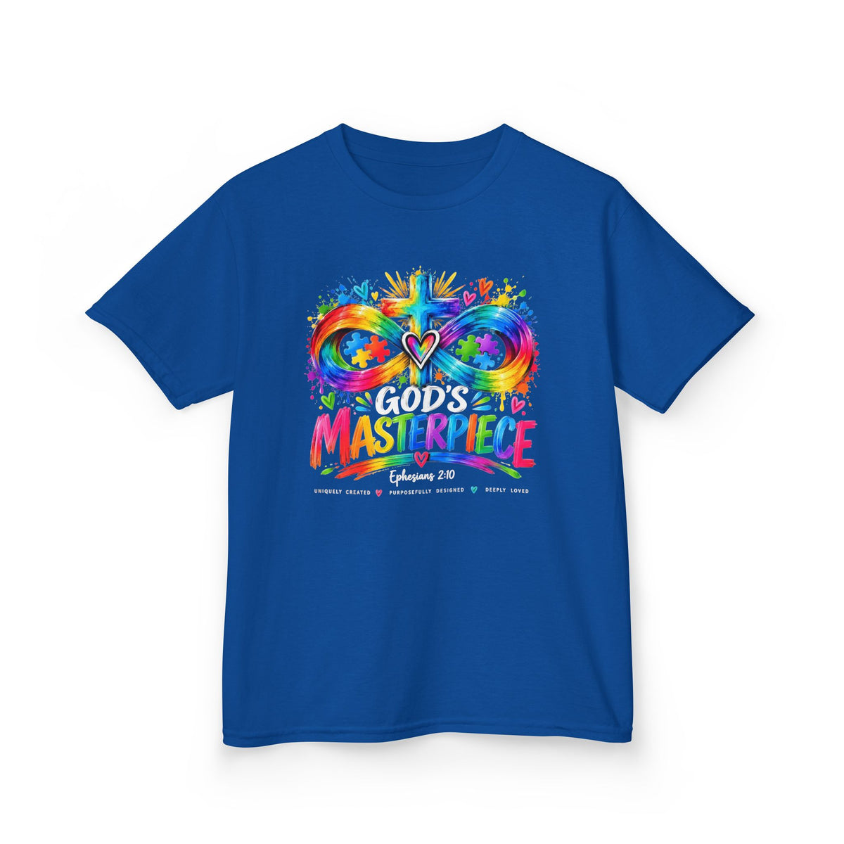 Youth Autism Awareness T-Shirt — "God's Masterpiece" Colorful Heart & Infinity Tee