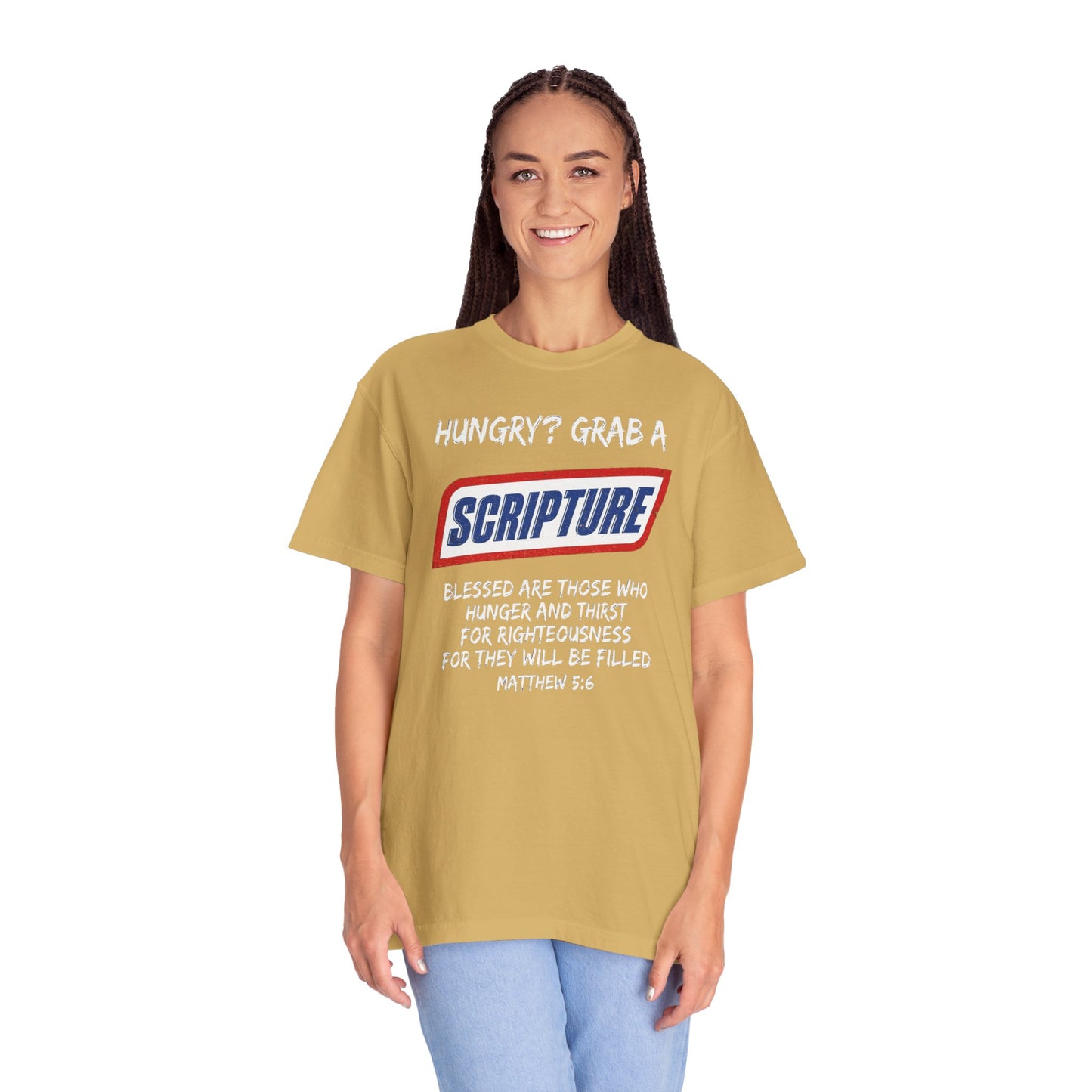 Scripture Snack T-Shirt — "Hungry? Grab a Scripture" Matthew 5:6 Christian Tee